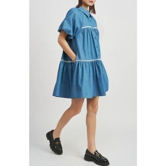 En Saison Tara Tiered Cotton Trapeze Shirtdress In Chambray Blue Size XS - Picture 11 of 12
